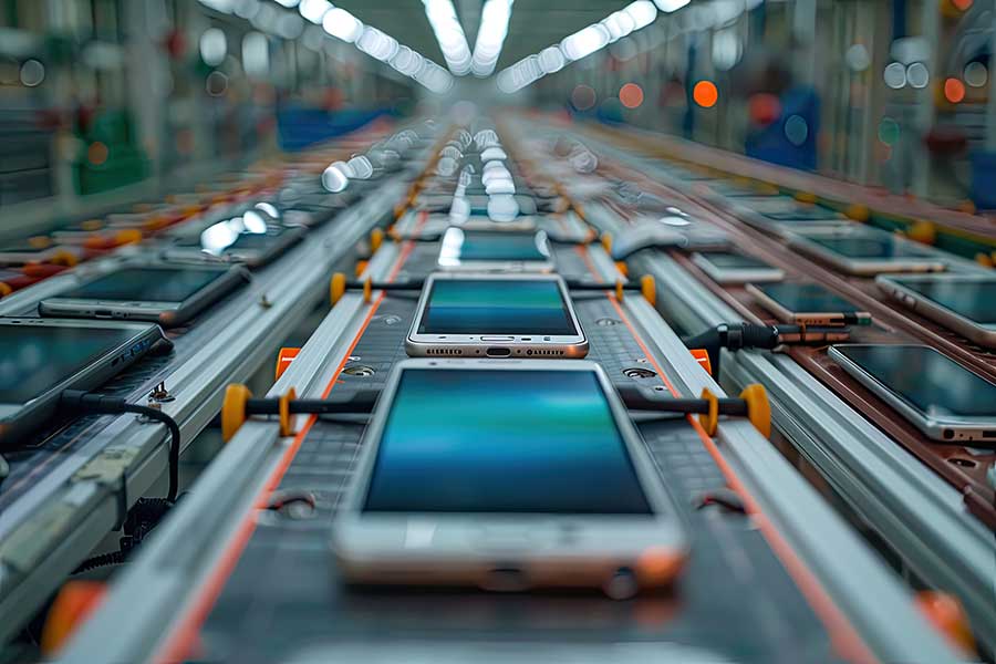 lignes production telephones portables smartphones tests chambres acoustiques